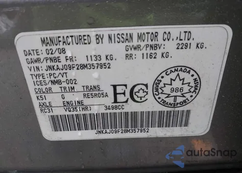 2008 Infiniti Ex35 Journey z USA, uszkodzony, nr VIN JNKAJ09F28M357952